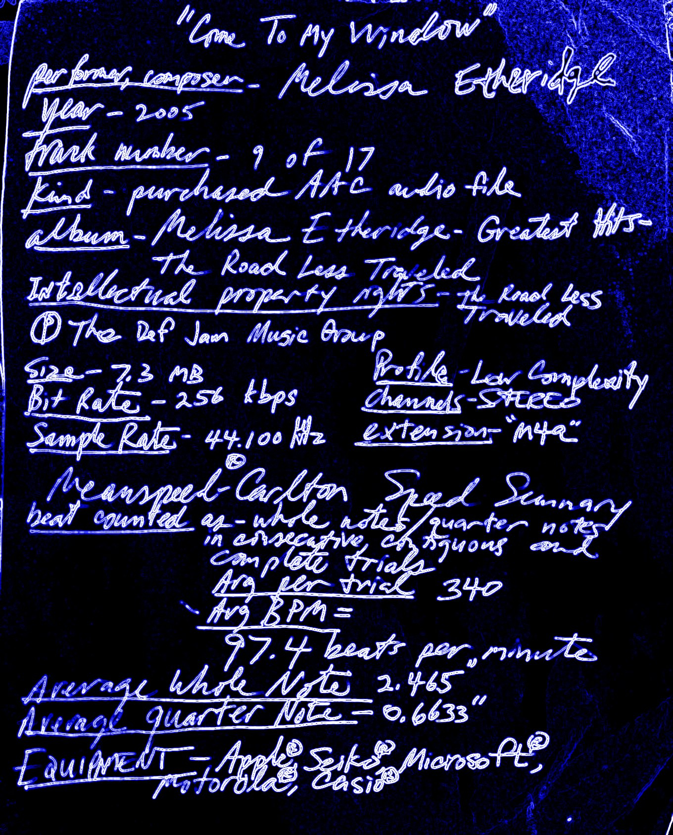 Melissa Etheridge - Come To My Window - measured speed